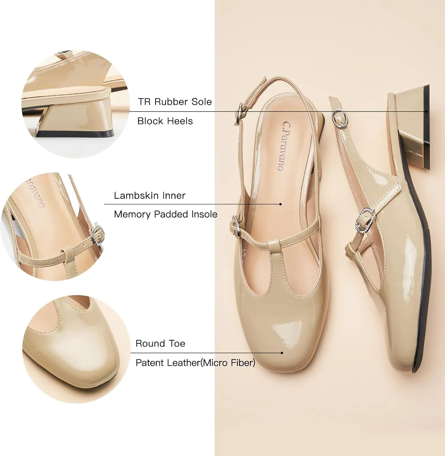 C.Paravano Mary Jane Slingback Pumps Round Toe Low Heels T Strap Slingback Heels Women Sling Back Slip On Party Dress Work Shoes