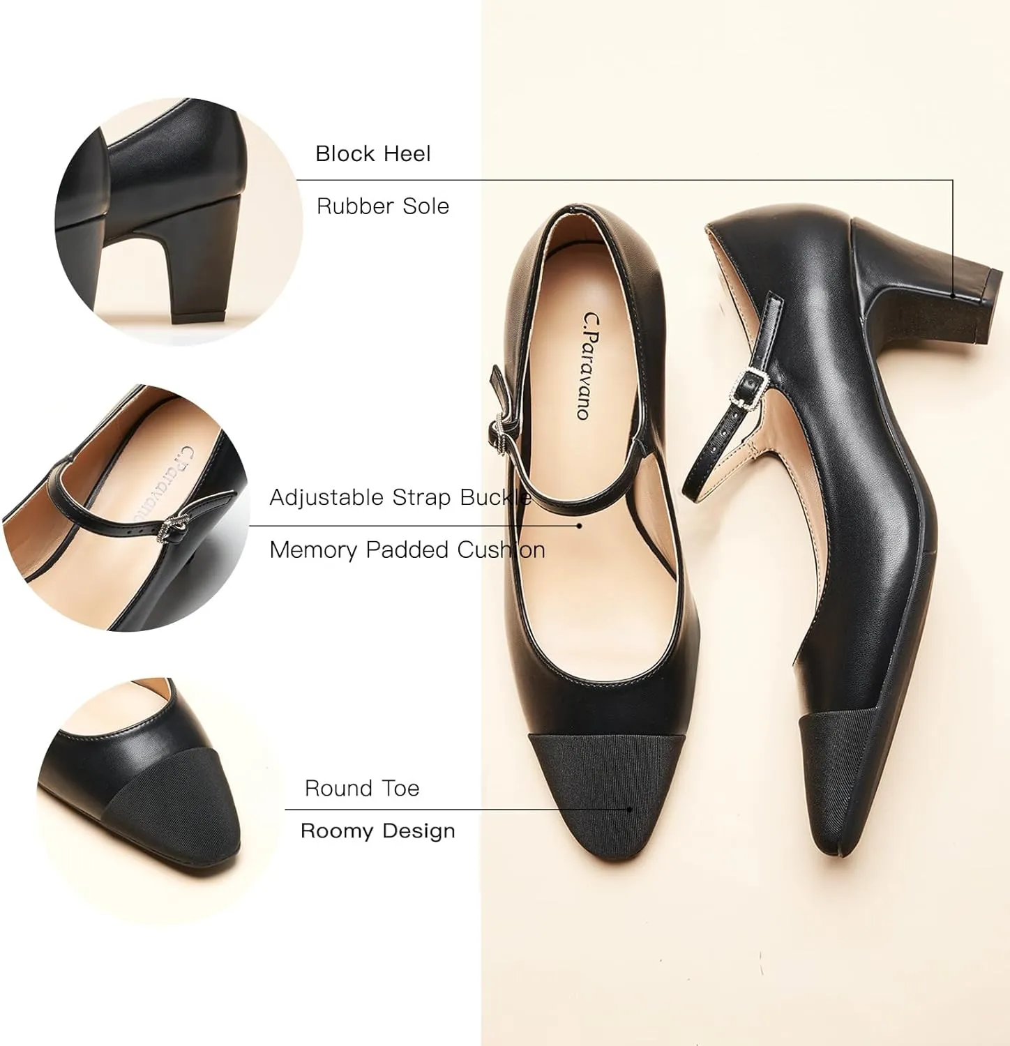 C.Paravano Women's Pumps Mary Jane Pumps Closed Round Toe Low Heels Adjustable Strap Fashion Dress Shoes