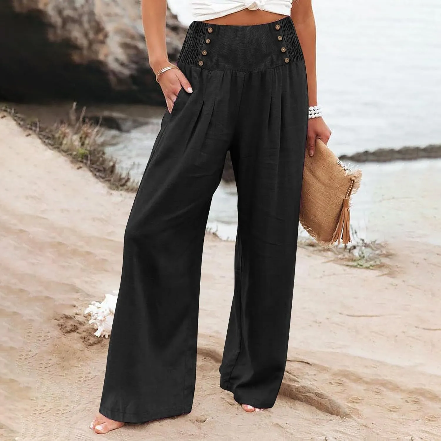 Cropped Linen Pants Women Versatile Summer Solid Wide Leg Trousers with Pockets High Waist Casual Cute Capris Long Pants