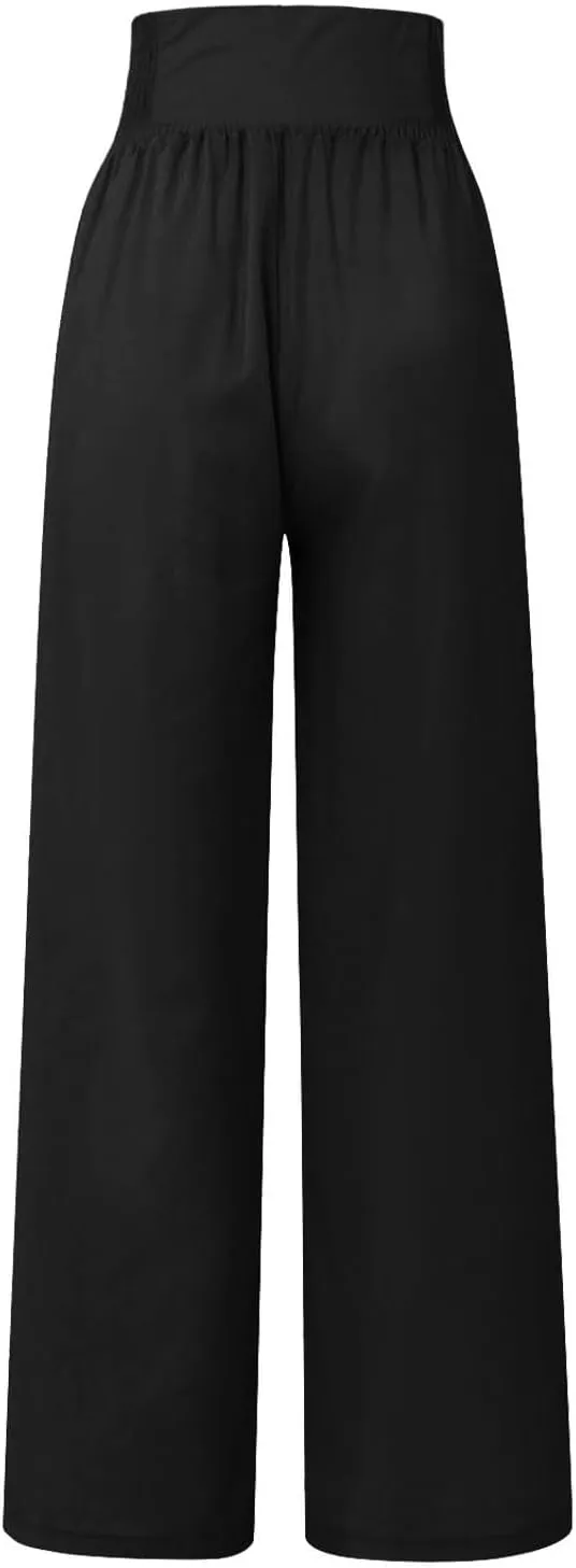 Cropped Linen Pants Women Versatile Summer Solid Wide Leg Trousers with Pockets High Waist Casual Cute Capris Long Pants
