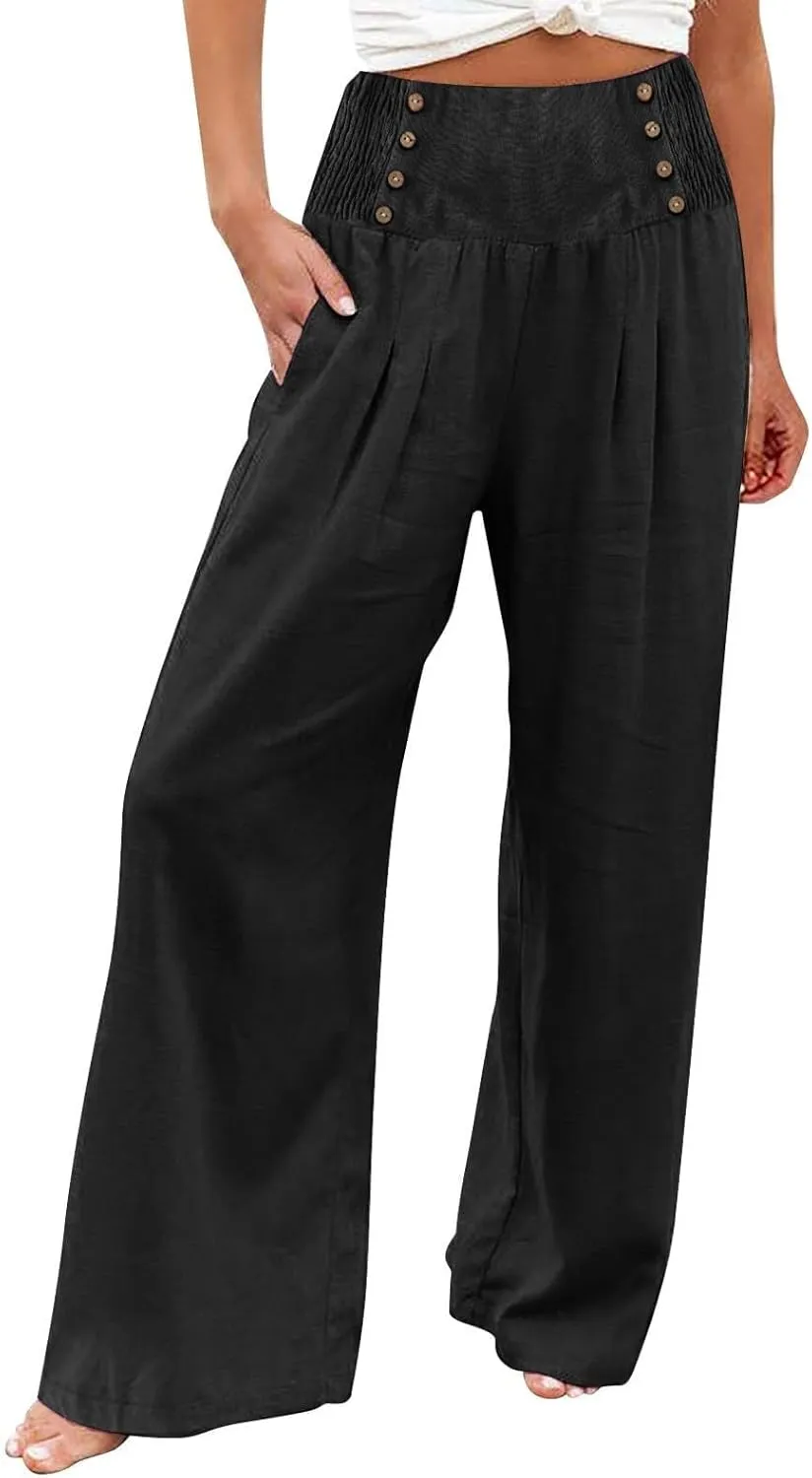 Cropped Linen Pants Women Versatile Summer Solid Wide Leg Trousers with Pockets High Waist Casual Cute Capris Long Pants
