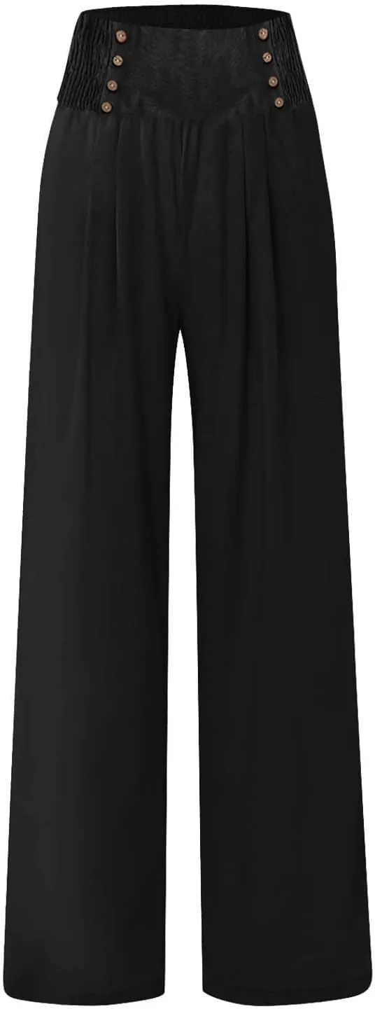 Cropped Linen Pants Women Versatile Summer Solid Wide Leg Trousers with Pockets High Waist Casual Cute Capris Long Pants
