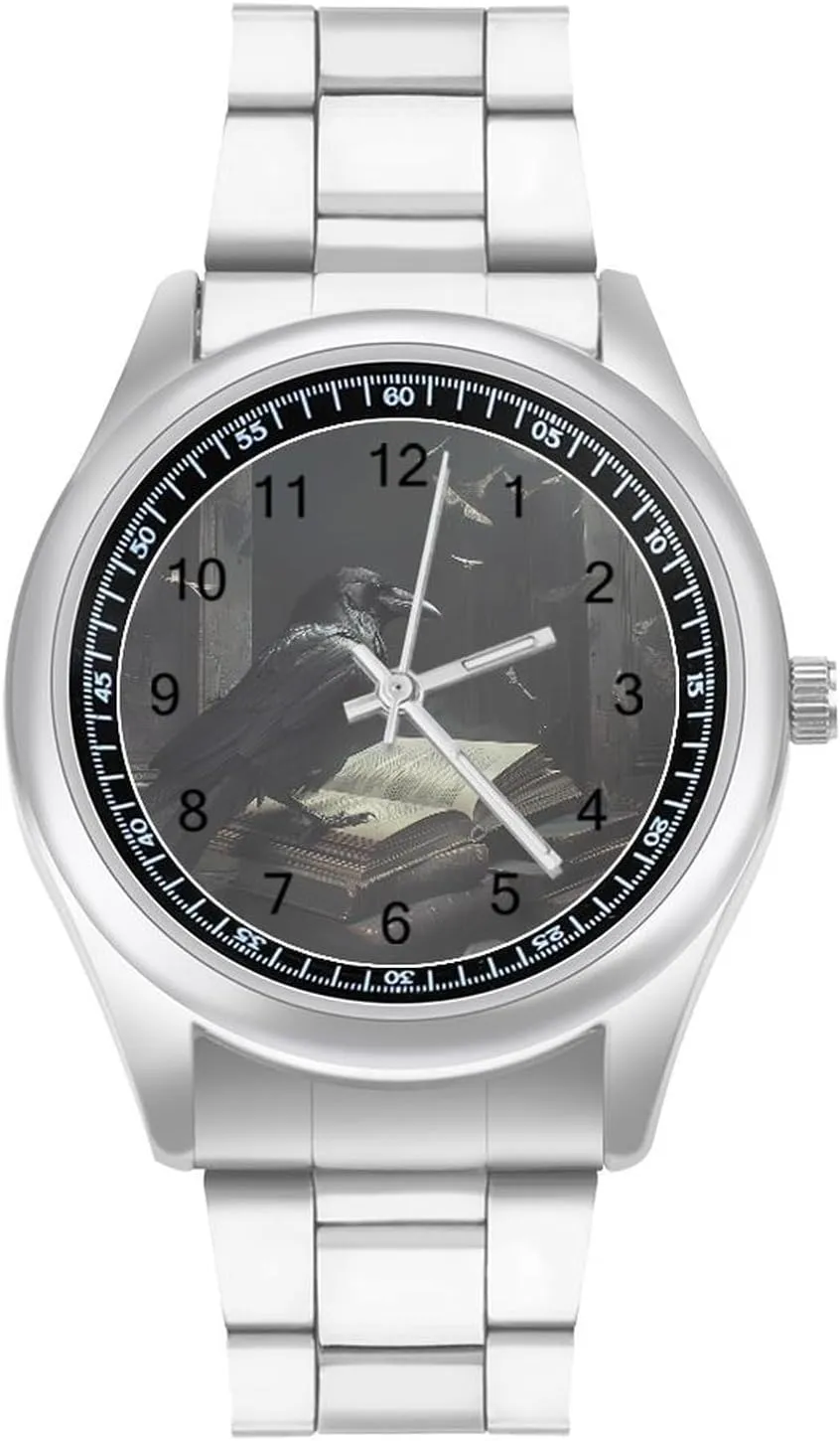 Crow Print Watches Stainless Steel Band Wristwatch Business Dress Watch for Work Home