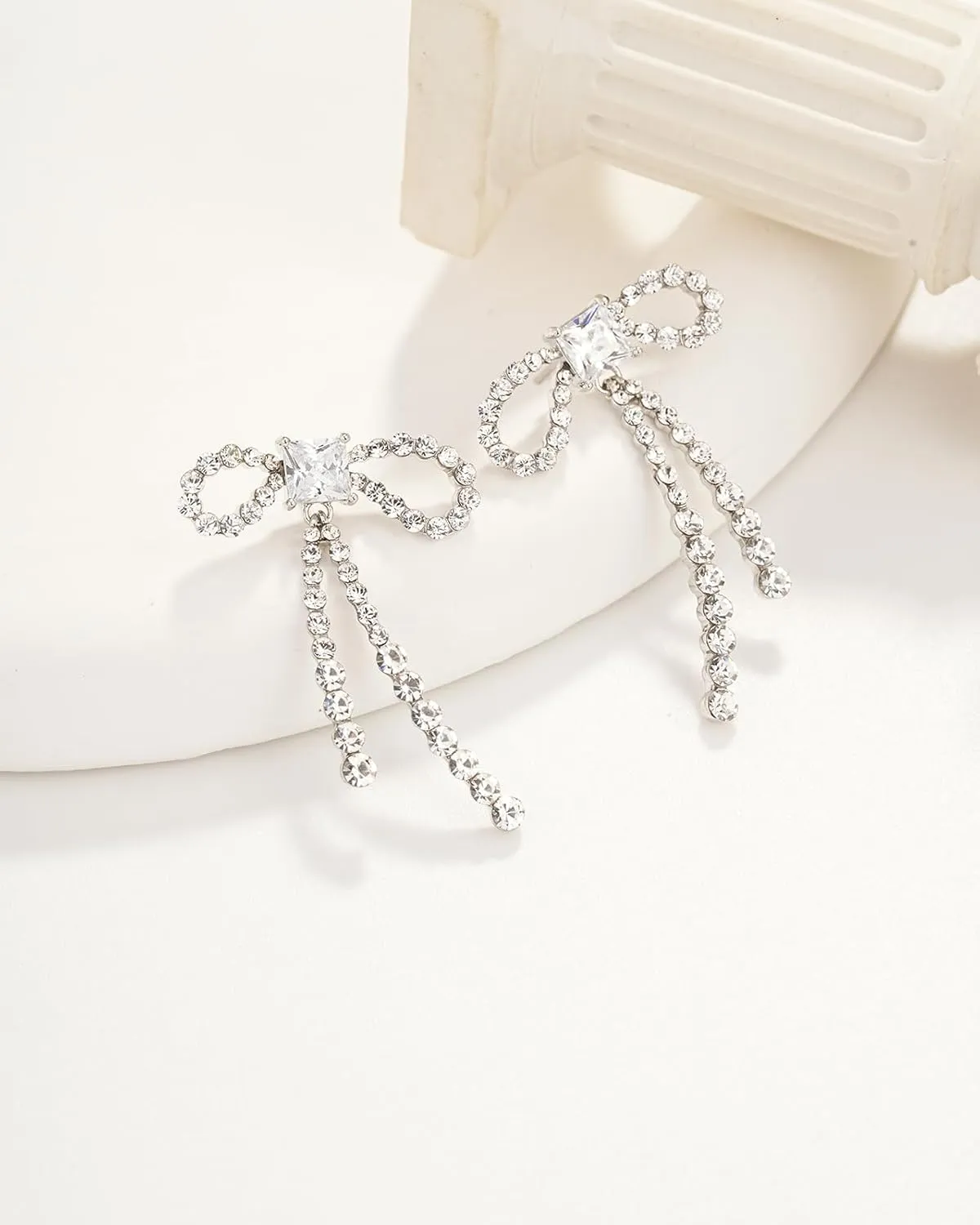 Crystal Bow Earrings for Women, Gold Plated Dangle Drop Earrings with Rhinestone, Gift for Her