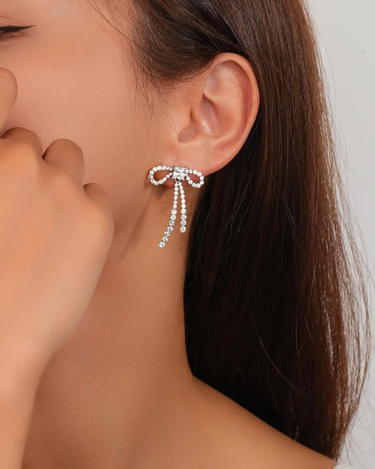 Crystal Bow Earrings for Women, Gold Plated Dangle Drop Earrings with Rhinestone, Gift for Her