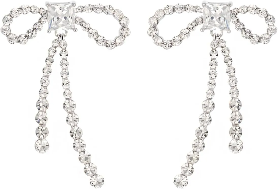 Crystal Bow Earrings for Women, Gold Plated Dangle Drop Earrings with Rhinestone, Gift for Her