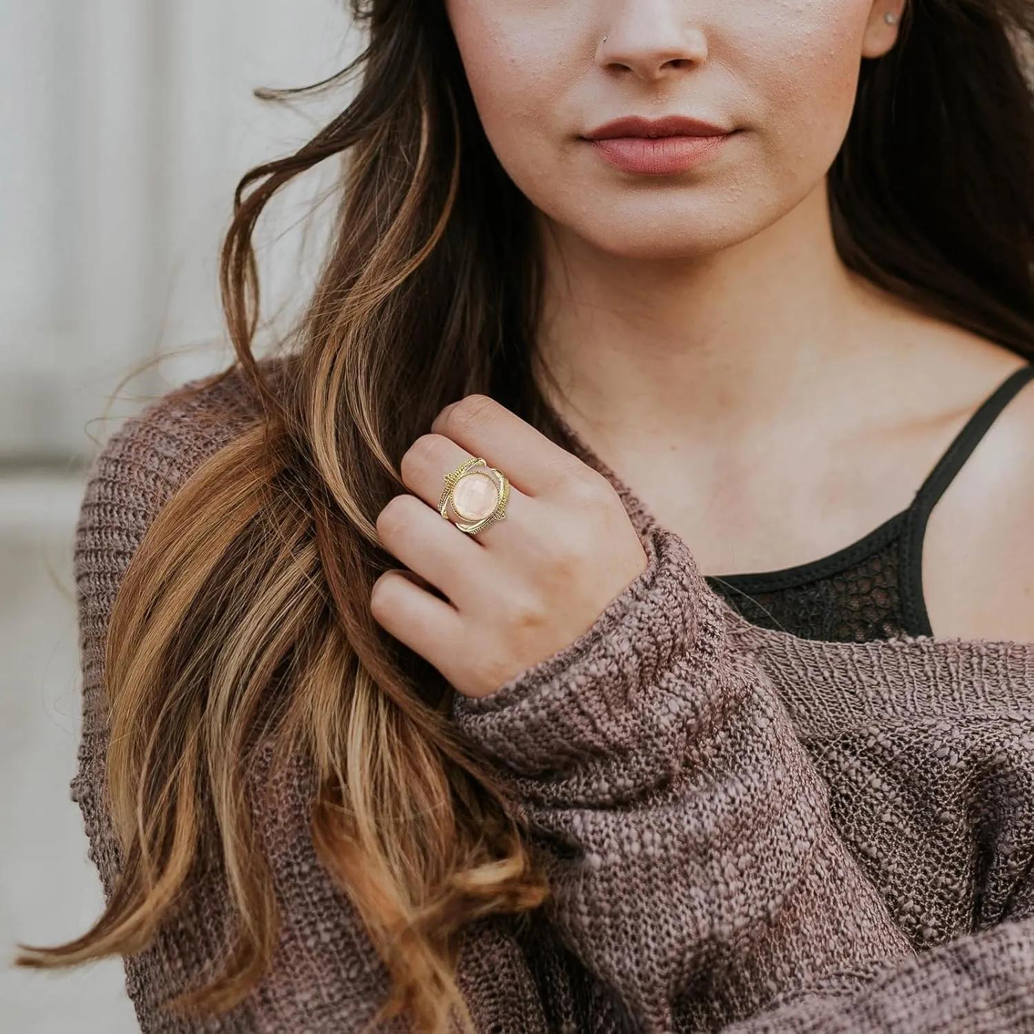 Crystal Ring, Unique Design Evil Eye Ring for Women, rose quartz Amethyst turquoise Gemstone Ring for Lady Everyday Jewelry, 14k Gold Plated Resizable Ring for Girls Gift Evil Eye Jewelry.