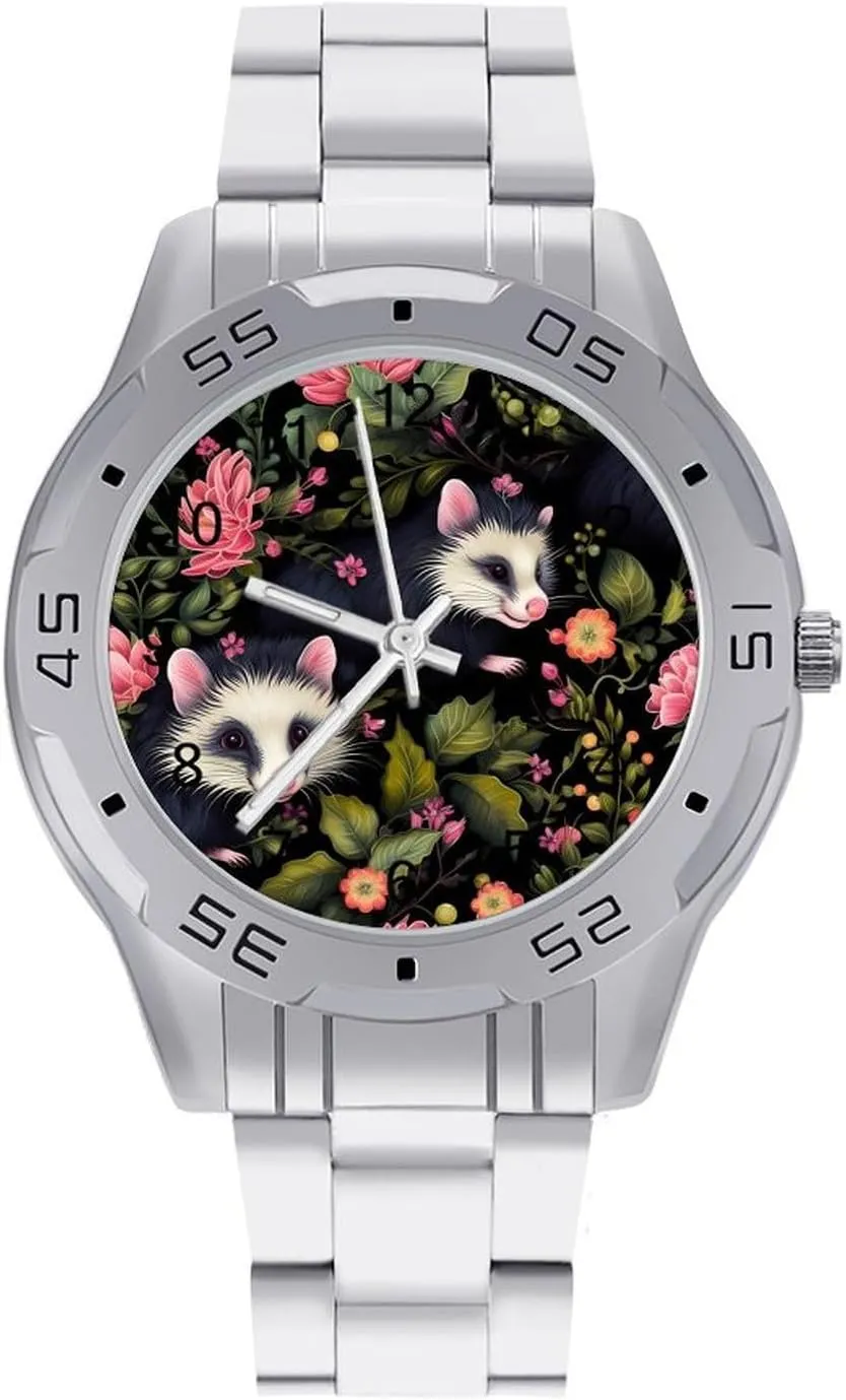 Cute Possum Flowers Men's Business Watch Fashion Stainless Steel Wristwatches Custom Easy Read Watches for Women