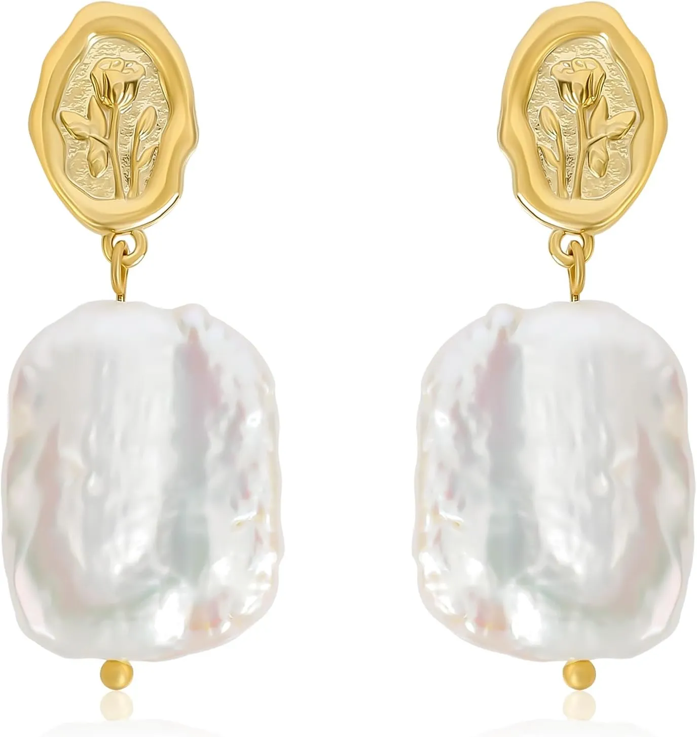 Dangle Baroque Pearl Earrings for Women - Vintage Gold Rose Flower 14K Gold Plated Boho Irregular Rectangle Natural Freshwater Earring - Bohemian Drop Jewelry Gifts for Her