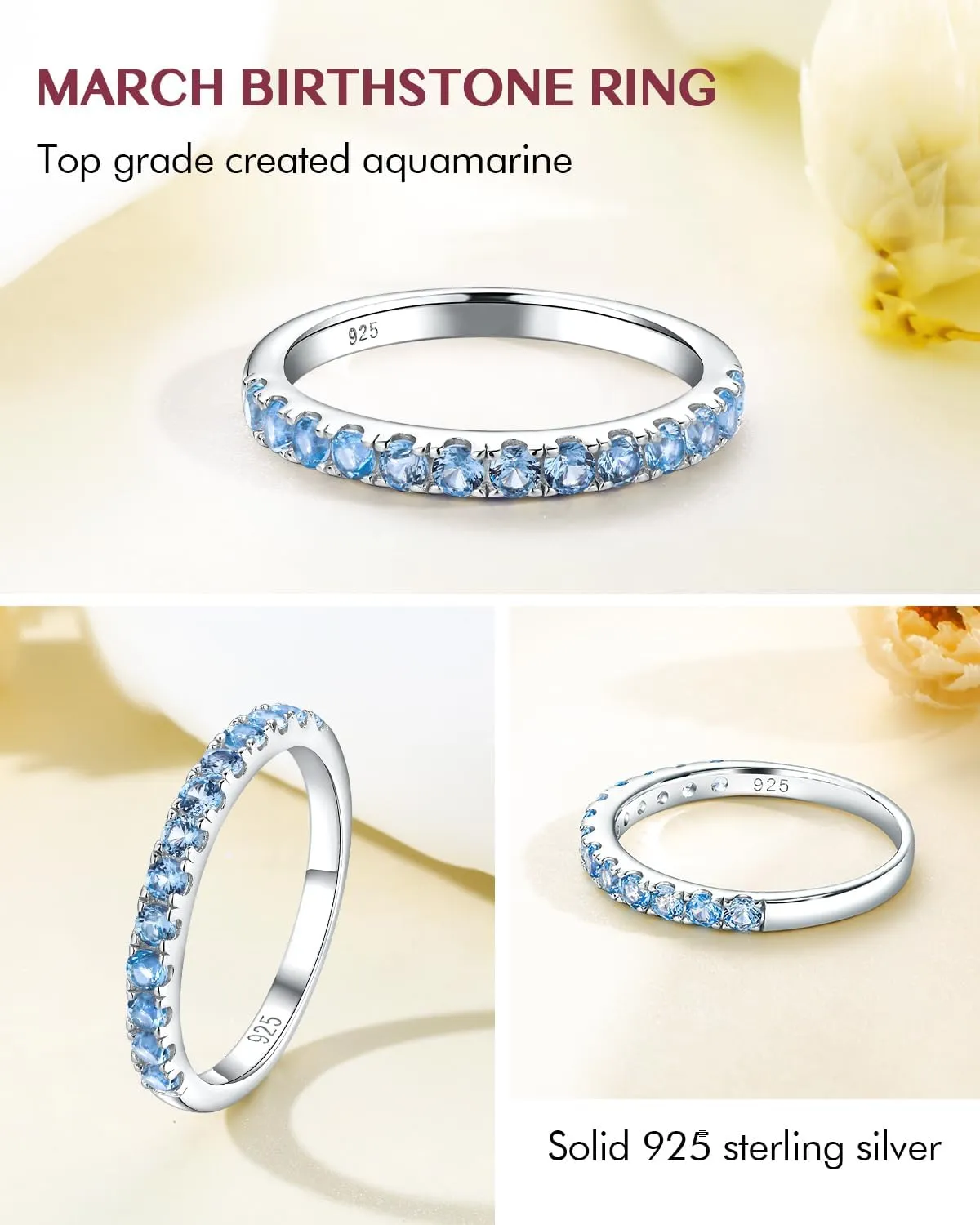 DAYBYDAY Birthstone Band Rings for Women, 925 Sterling Silver Moissanite/Sapphire/Emerald/Half Eternity Ring, 2.2mm Thin Stackable Wedding Band Anniversary Rings for Her
