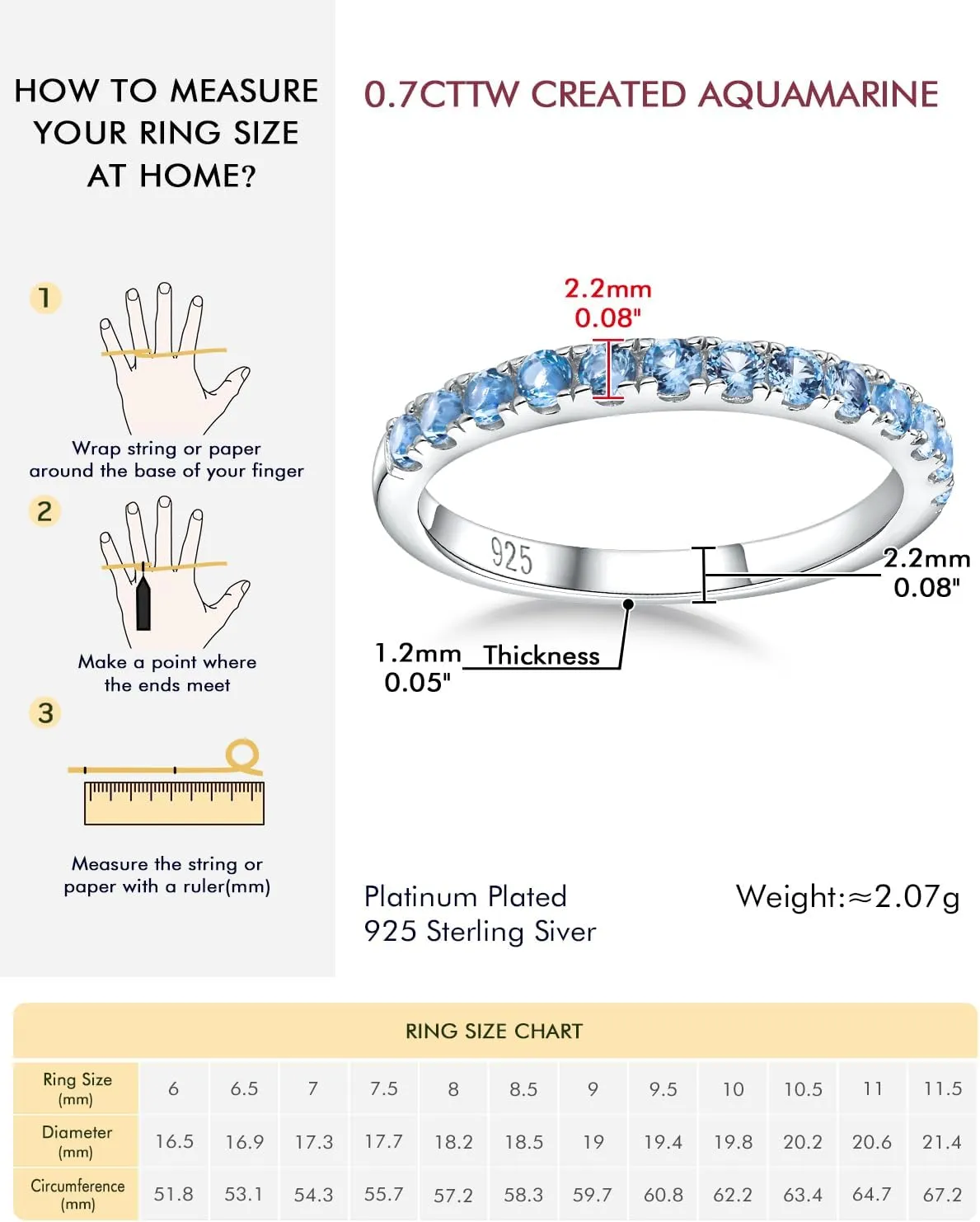 DAYBYDAY Birthstone Band Rings for Women, 925 Sterling Silver Moissanite/Sapphire/Emerald/Half Eternity Ring, 2.2mm Thin Stackable Wedding Band Anniversary Rings for Her