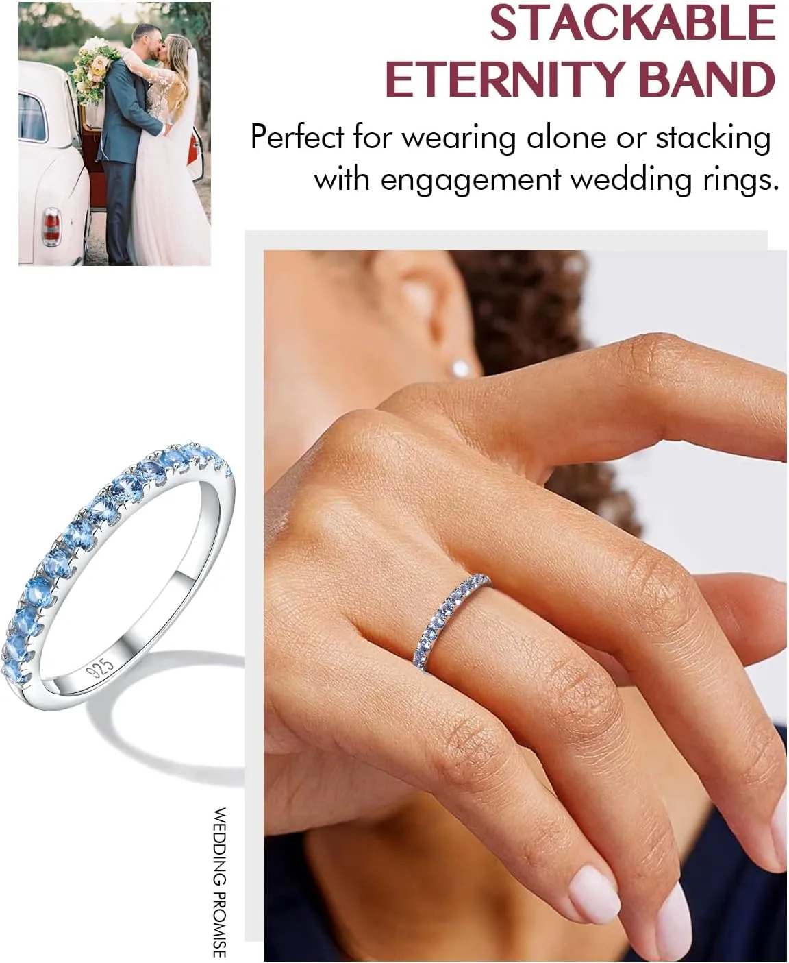 DAYBYDAY Birthstone Band Rings for Women, 925 Sterling Silver Moissanite/Sapphire/Emerald/Half Eternity Ring, 2.2mm Thin Stackable Wedding Band Anniversary Rings for Her