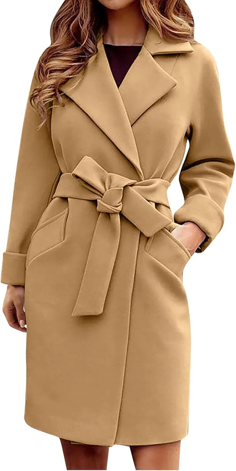 DESKABLY Women's Trench Coats Woolen Blend Elegant Long Belted Overcoat Notched Lapel Slim Fit Dressy Cardigan Winter Jacket Khaki