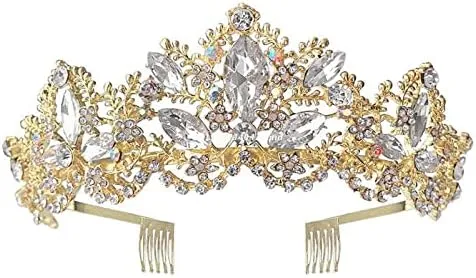 Diamond Tiara Gold Golden Wedding Crown Crystal Tiara Women Bridal Party Birthday
