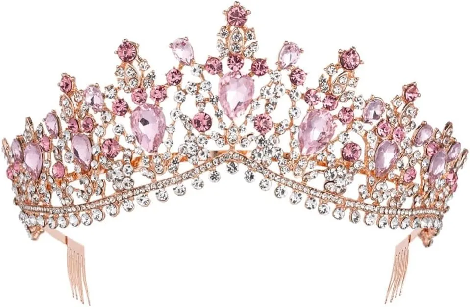 Diamond Tiara Pink Crystal Bridal Tiara with Comb Pageant Ball Rhinestone Veil Tiara Headband Wedding Hair Accessories