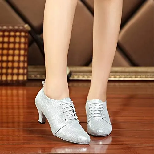 DKZSYIM Women's Fashion Mid Heel Lace-up Breathable Social Practice Ballroom Latin Dance Shoes