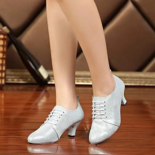 DKZSYIM Women's Fashion Mid Heel Lace-up Breathable Social Practice Ballroom Latin Dance Shoes