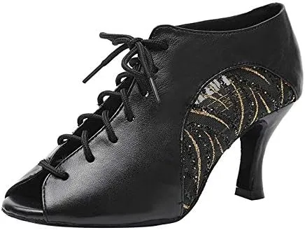 DKZSYIM Women's Peep Toe Practice/Performance Ballroom Dance Shoes Latin Shoes Suede Sole,Model QJW5006
