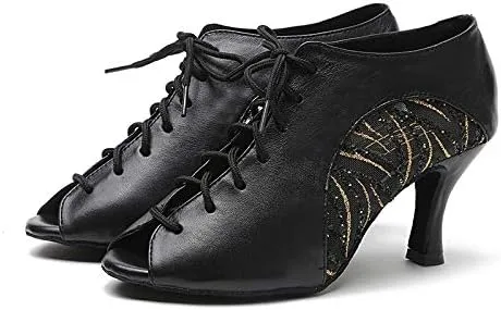 DKZSYIM Women's Peep Toe Practice/Performance Ballroom Dance Shoes Latin Shoes Suede Sole,Model QJW5006