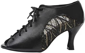 DKZSYIM Women's Peep Toe Practice/Performance Ballroom Dance Shoes Latin Shoes Suede Sole,Model QJW5006