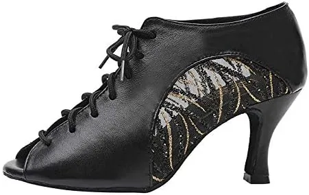 DKZSYIM Women's Peep Toe Practice/Performance Ballroom Dance Shoes Latin Shoes Suede Sole,Model QJW5006