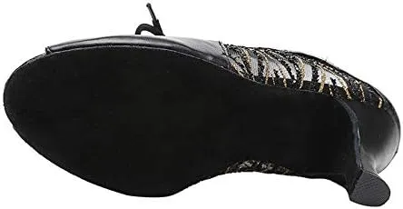 DKZSYIM Women's Peep Toe Practice/Performance Ballroom Dance Shoes Latin Shoes Suede Sole,Model QJW5006