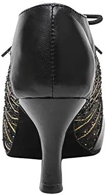 DKZSYIM Women's Peep Toe Practice/Performance Ballroom Dance Shoes Latin Shoes Suede Sole,Model QJW5006