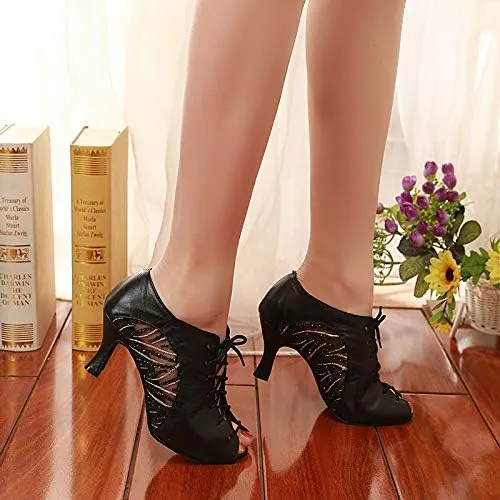 DKZSYIM Women's Peep Toe Practice/Performance Ballroom Dance Shoes Latin Shoes Suede Sole,Model QJW5006