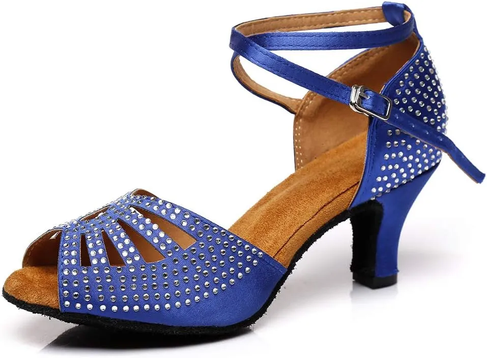 DKZSYIM Women's Professional Satin Latin Dance Shoes Ballroom Performance Rhinestone Wedding Dance Shoes,Model YCL399