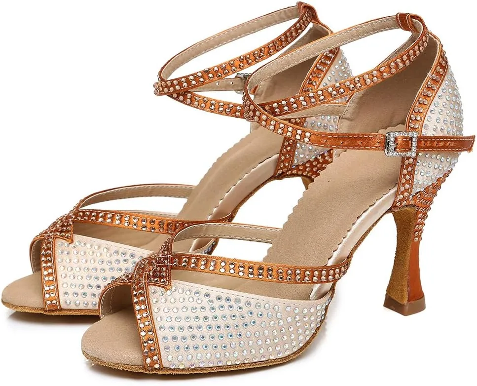 DKZSYIM Women's Satin Latin Dance Shoes Ballroom Performance Shoes,Model YCL450