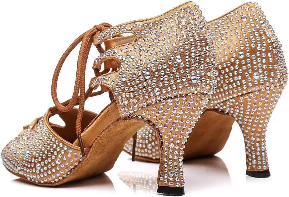 DKZSYIM Women's Satin Latin Dance Shoes Wedding Rhinestone Dance Shoes,Practice Dancing Shoes Model YCL379