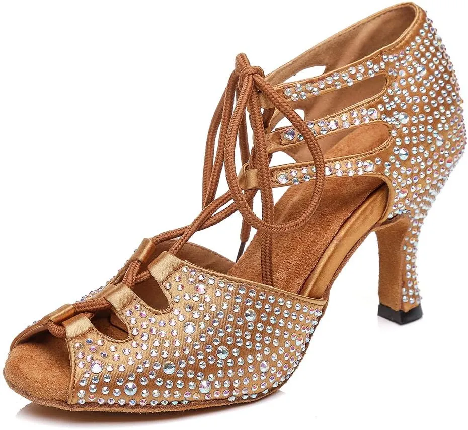 DKZSYIM Women's Satin Latin Dance Shoes Wedding Rhinestone Dance Shoes,Practice Dancing Shoes Model YCL379