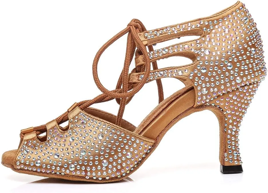 DKZSYIM Women's Satin Latin Dance Shoes Wedding Rhinestone Dance Shoes,Practice Dancing Shoes Model YCL379