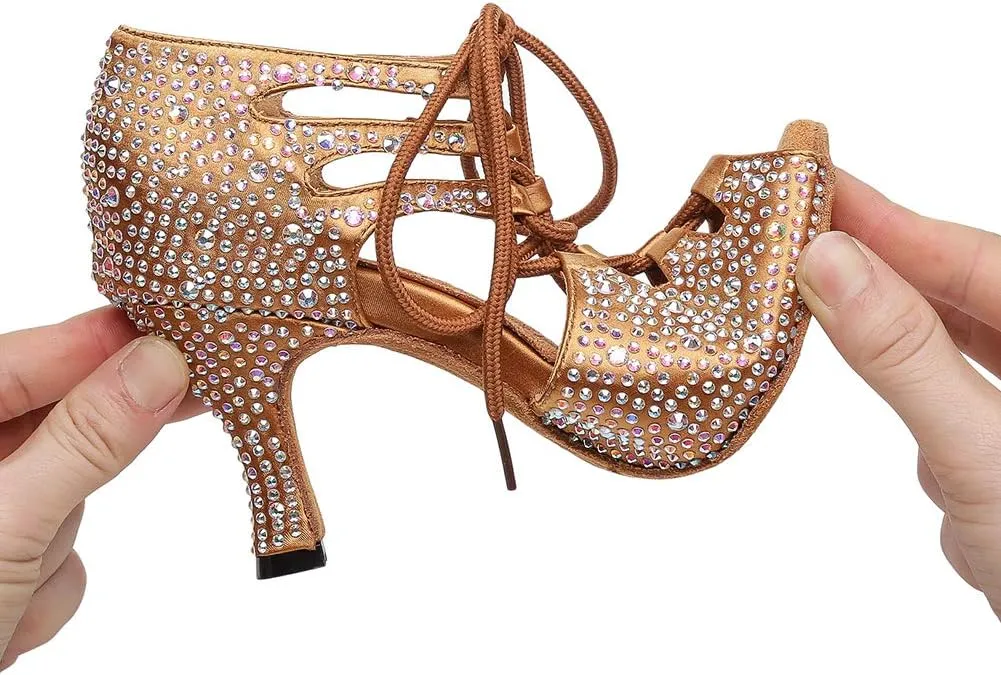 DKZSYIM Women's Satin Latin Dance Shoes Wedding Rhinestone Dance Shoes,Practice Dancing Shoes Model YCL379