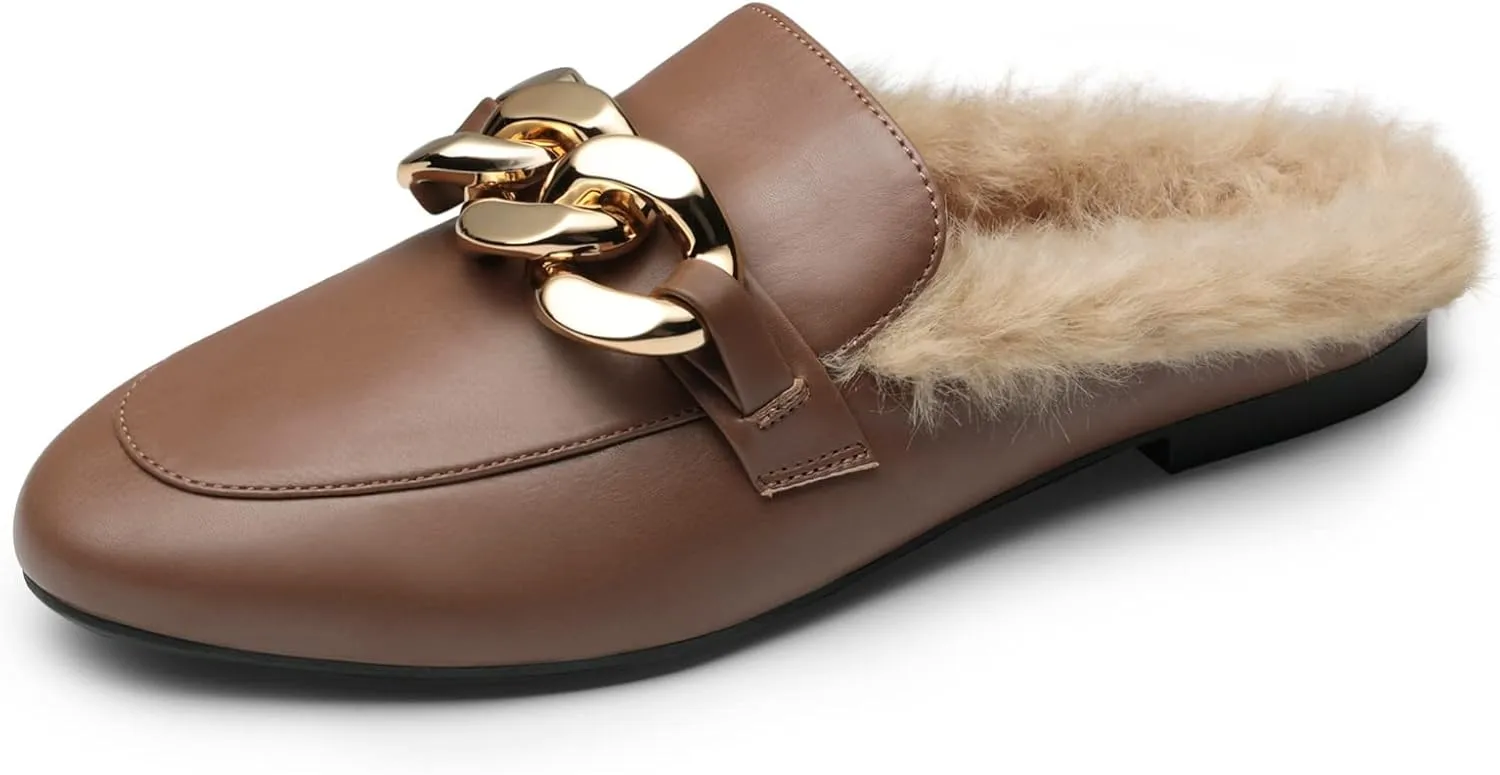 DREAM PAIRS Mules for Women Flats Shoes Comfortable Slip on Closed Toe Slides Loafers with Chain Backless Women??s Mules