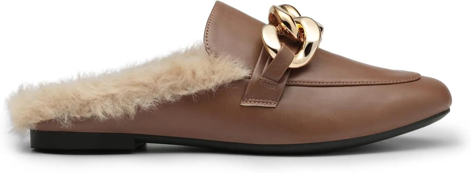 DREAM PAIRS Mules for Women Flats Shoes Comfortable Slip on Closed Toe Slides Loafers with Chain Backless Women??s Mules