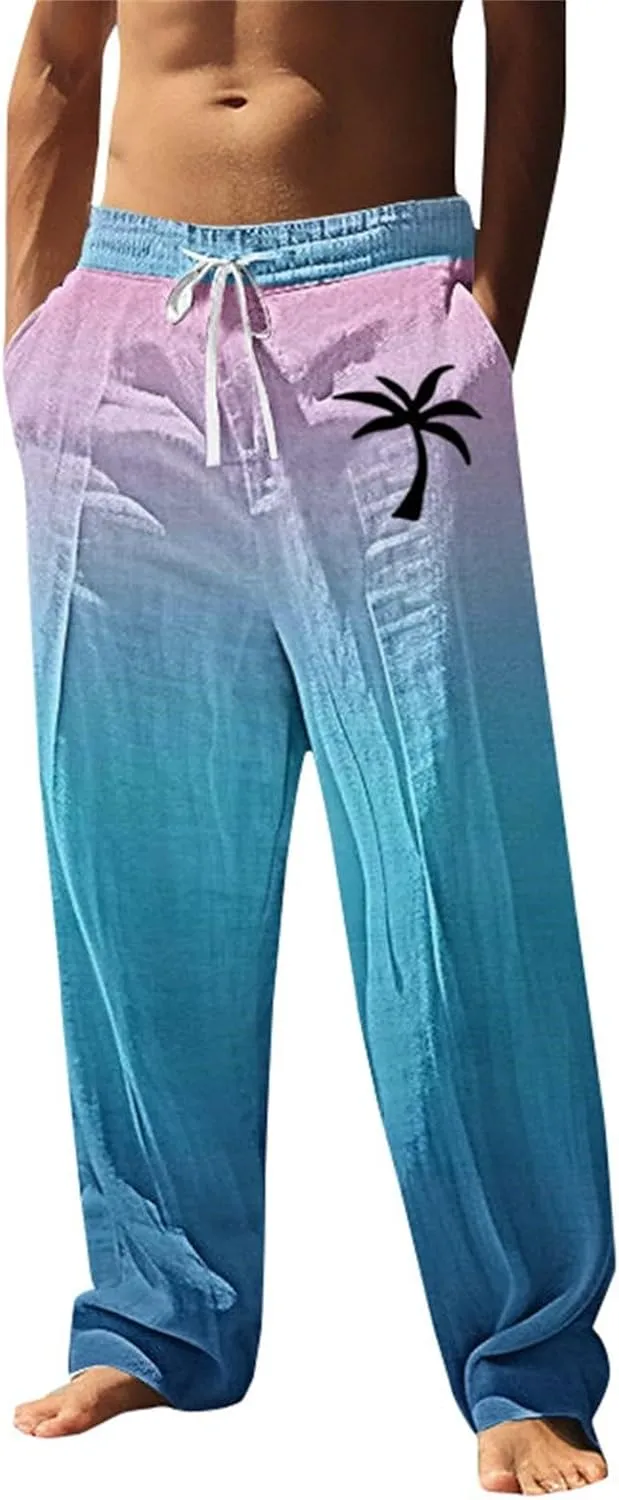 Elastic Waist Summer Beach Trousers Drawstring Straight Leg Trousers Causal Lightweight Summer Pants with Drawstring