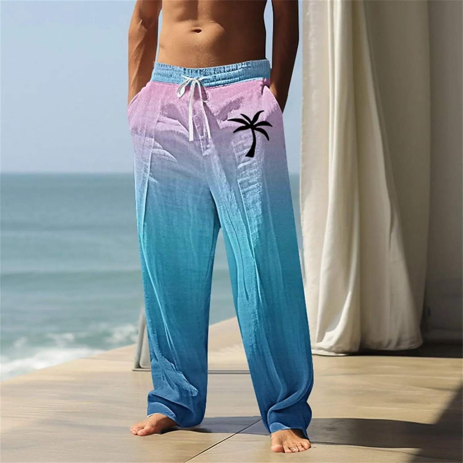 Elastic Waist Summer Beach Trousers Drawstring Straight Leg Trousers Causal Lightweight Summer Pants with Drawstring