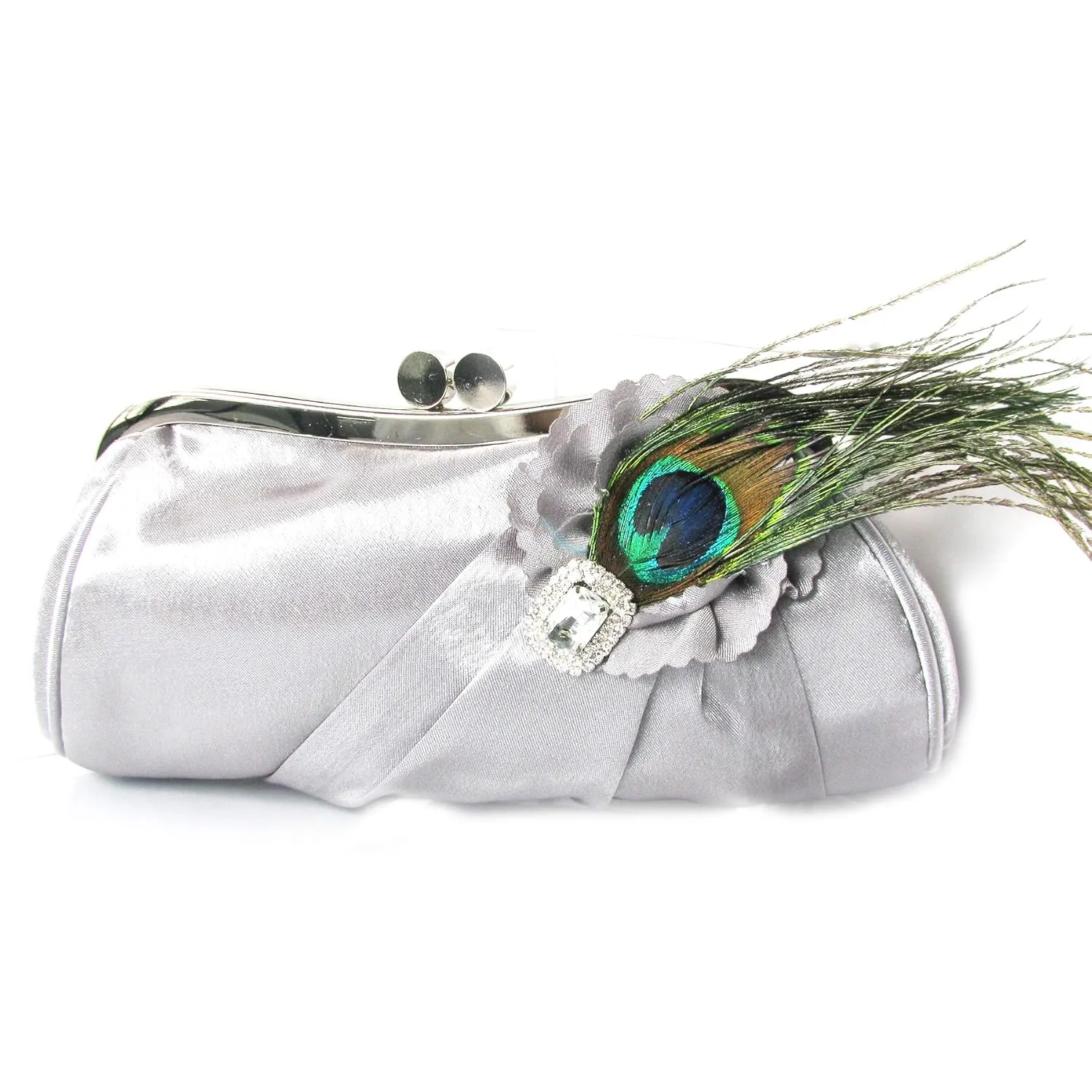 EleganceWithFlair Pale Gray Satin Fabric Wedding Bag Clutch Formal Evening Bag Rhinestone Feather Accent