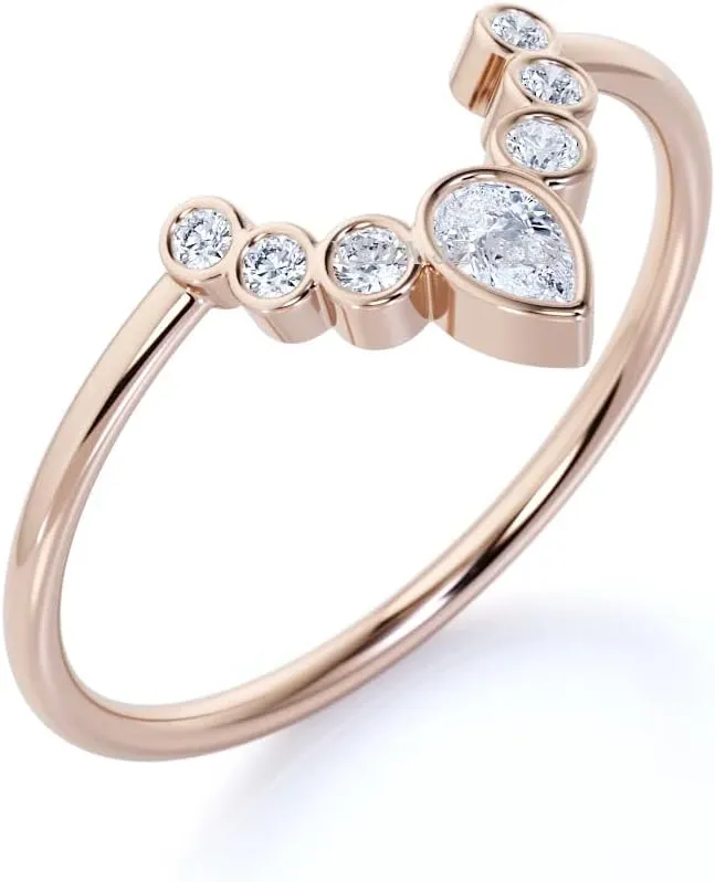 Elegant Bezel Set Pear Shaped CZ Diamond Curve Stackable Wedding Ring Band in 14K Rose Gold Over 925 Sterling Silver