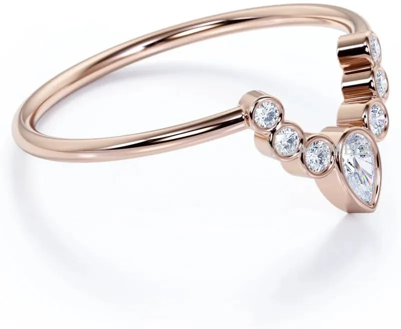 Elegant Bezel Set Pear Shaped CZ Diamond Curve Stackable Wedding Ring Band in 14K Rose Gold Over 925 Sterling Silver
