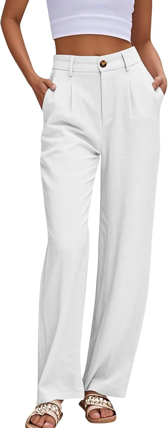 fanmpghleoo Dress Pants Women High Waisted Straight Leg Linen Trousers with Pockets Business Casual Work Linen Pants Summer