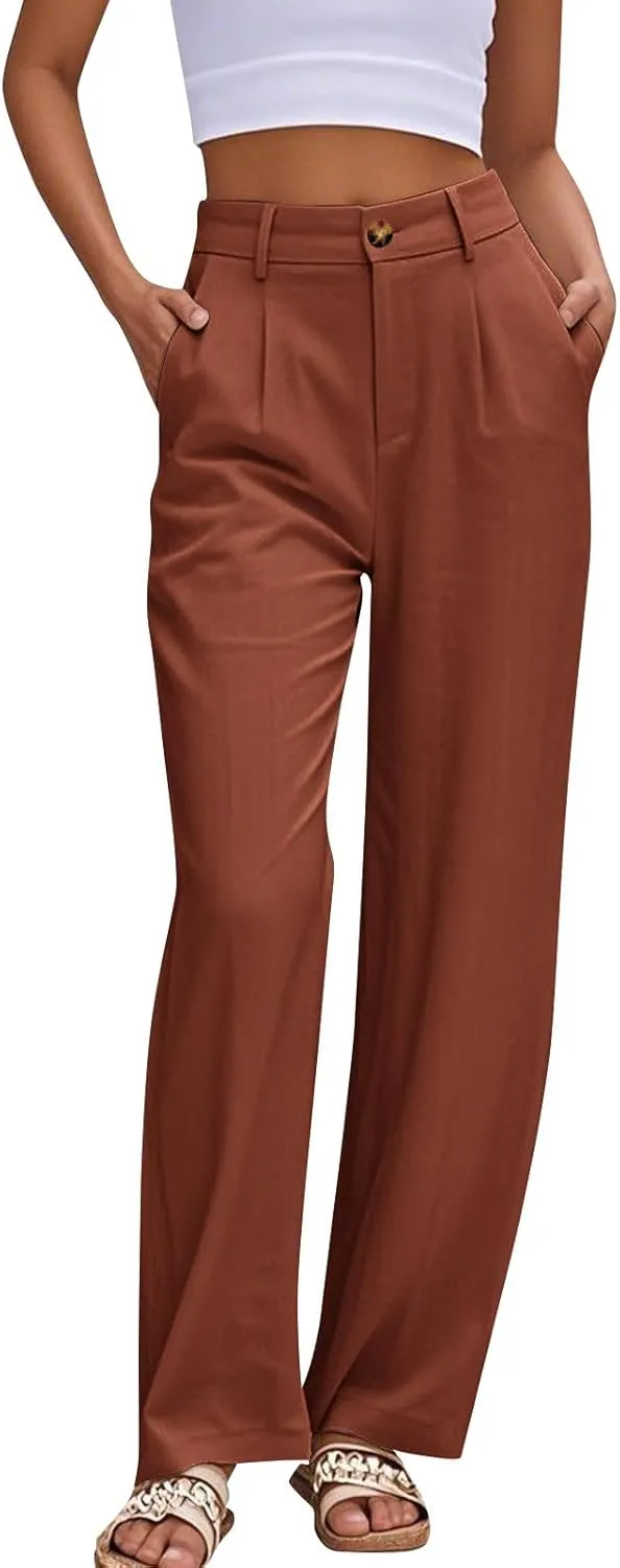 fanmpghleoo Dress Pants Women High Waisted Wide Leg Linen Pants Summer Casual Straight Baggy Linen Trousers with Pockets