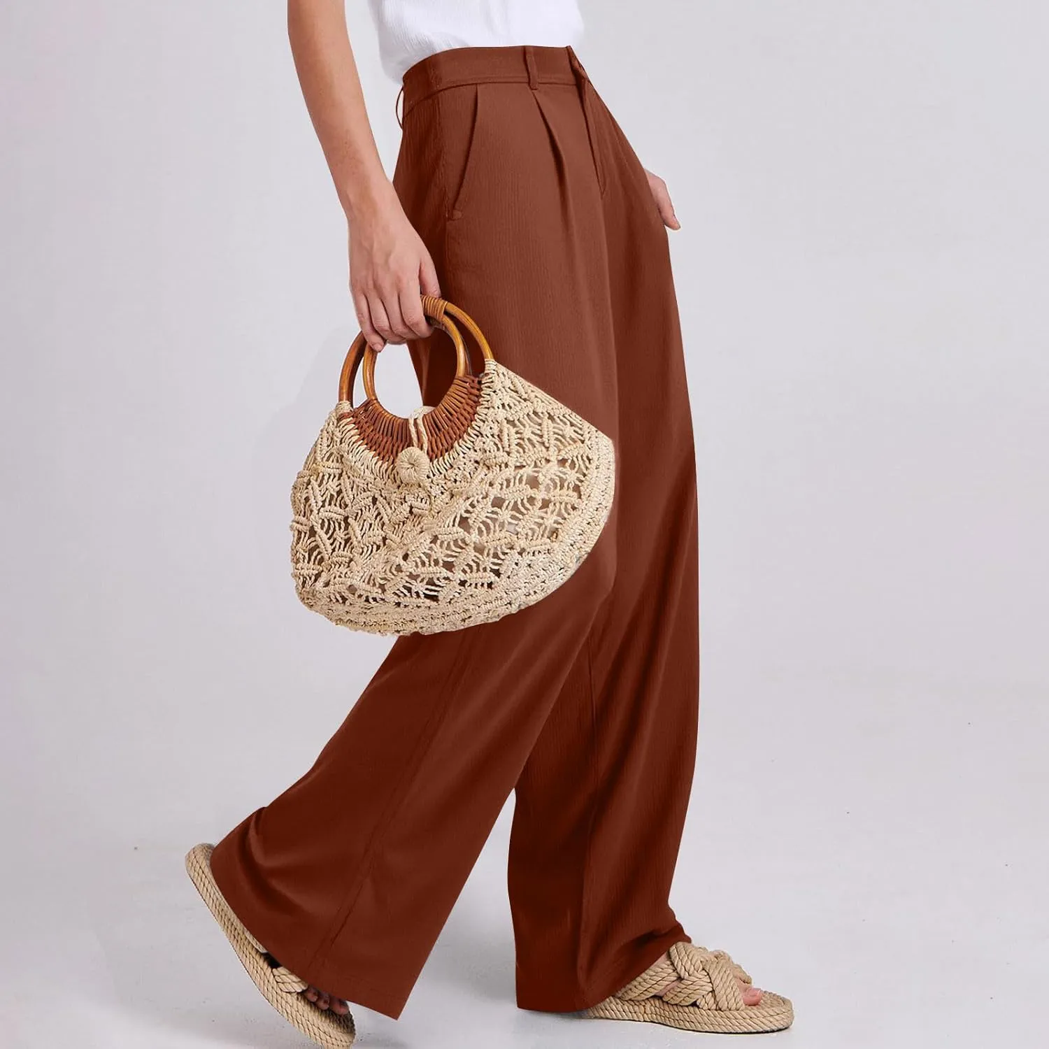 fanmpghleoo Dress Pants Women High Waisted Wide Leg Linen Pants Summer Casual Straight Baggy Linen Trousers with Pockets