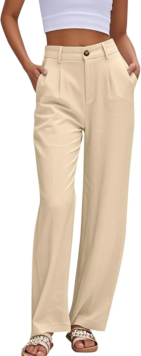 fanmpghleoo Linen Dress Pants Women High Waisted Straight Leg Linen Trousers with Pockets Lightweight Business Casual Slacks