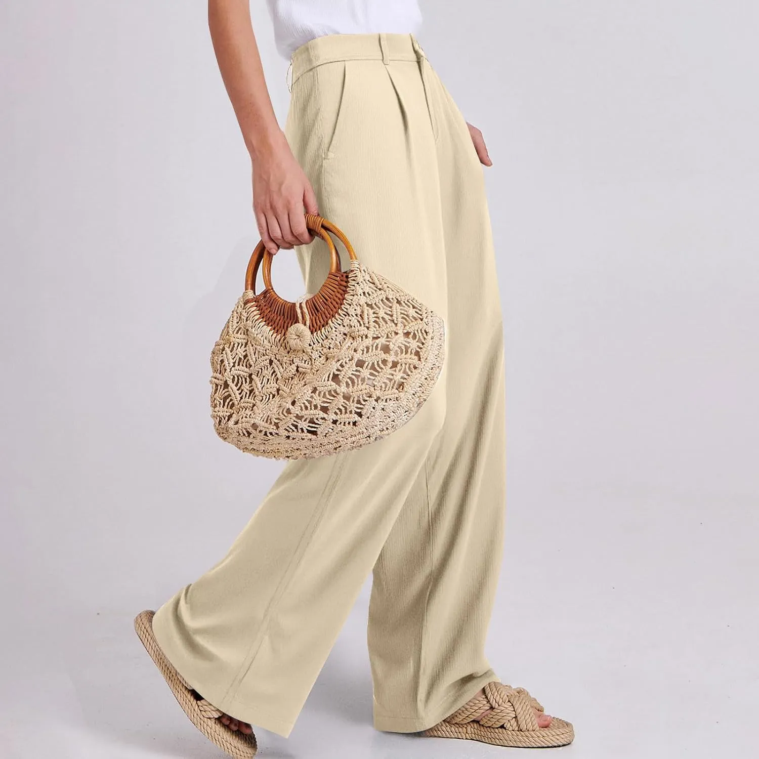 fanmpghleoo Linen Dress Pants Women High Waisted Straight Leg Linen Trousers with Pockets Lightweight Business Casual Slacks