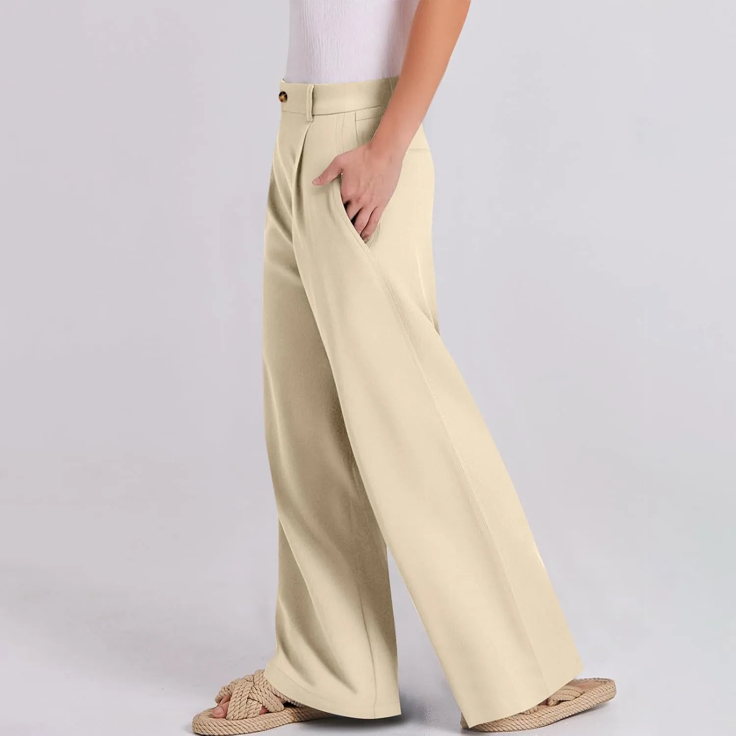 fanmpghleoo Linen Dress Pants Women High Waisted Straight Leg Linen Trousers with Pockets Lightweight Business Casual Slacks