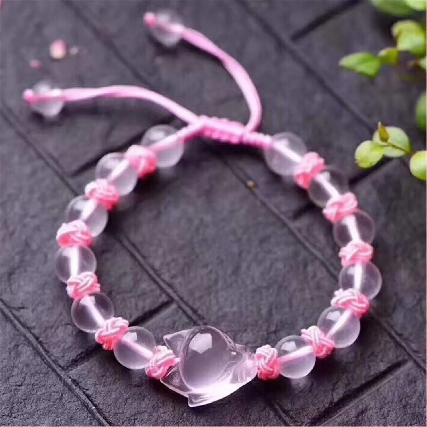 Feng Shui Wealth Amulet Bracelet Natural Rose Quartz Crystal Fox Pineapple Knot Braided Bracelet Adjustable Hand Carved Beads Talisman for Prosperity Money Good Luck