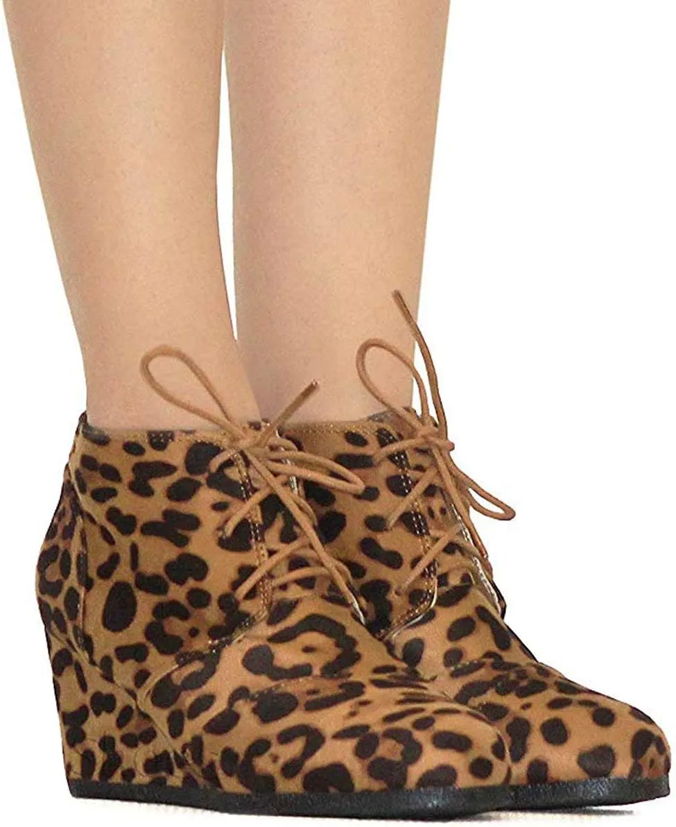 Forever Link Women's Round Toe Lace Up Wedge Heels Suede Ankle Boots Booties