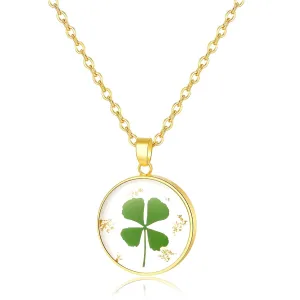 Four Leaf Clover Pressed Flower Necklaces for Women,Unique Handmade Design Pendant Necklace,Thoughtful Gift for Christmas /18" (Gold)